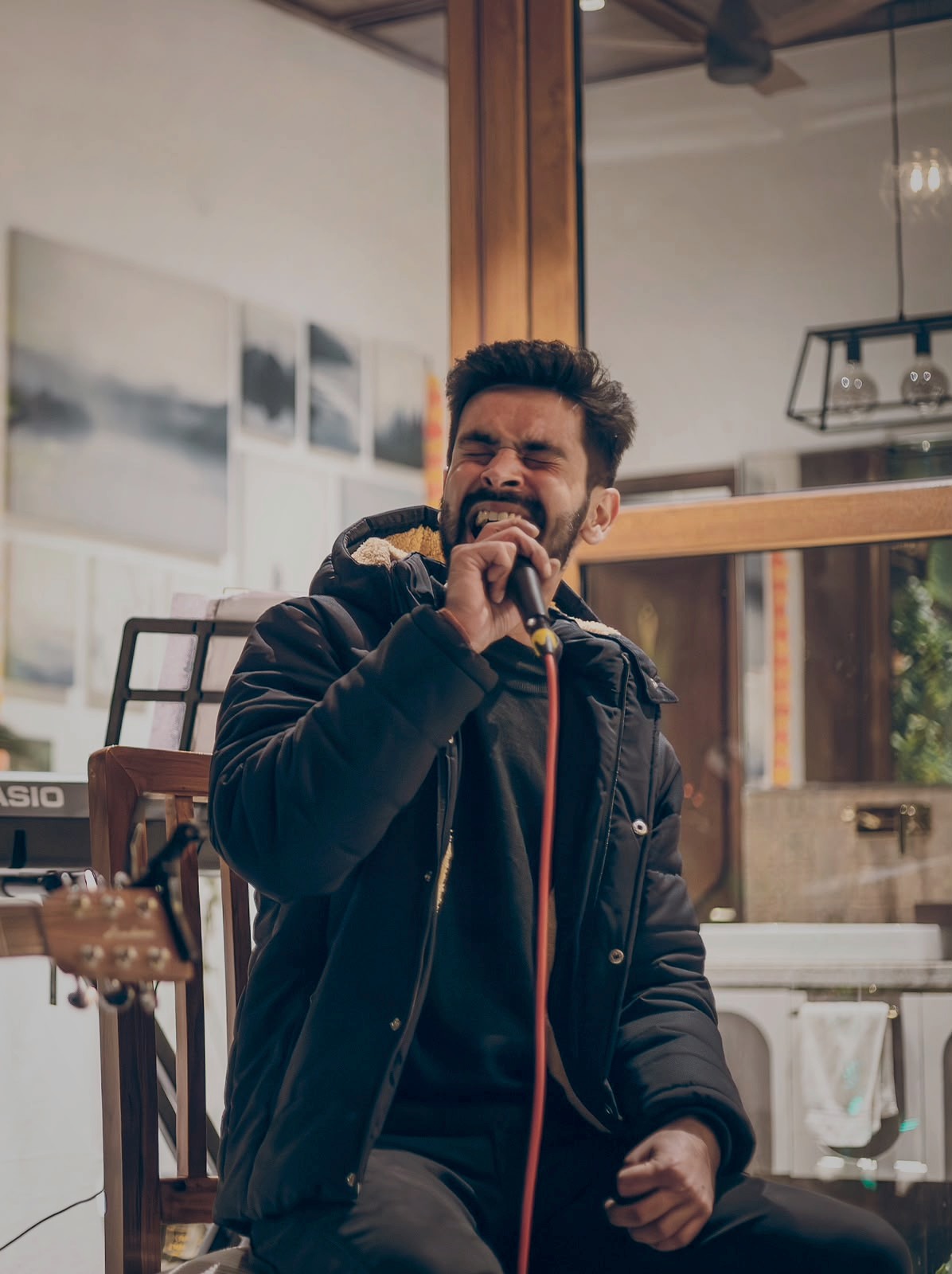 Singer performing indoors